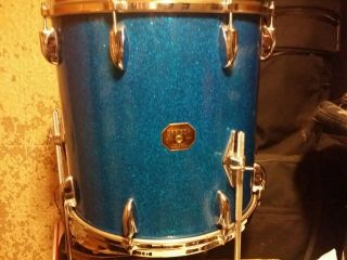 Rare Vintage 1970s Gretsch Stop Sign 16 X 16 Floor Tom Blue Glass Sparkle 4418