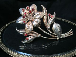 Vintage Gold Plate On Sterling Silver Rhinestone Floral Pin Brooch Signed Rare
