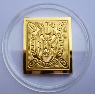 Bolivia 5 Centavos Stamp 1867 Condor 24 K Gold Plated On Silver Proof Rare