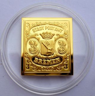 Germany Bremen 3 Grote Stamp 1855 24 K Gold Plated On Silver Proof Rare